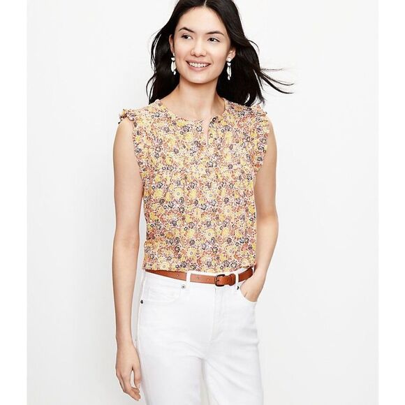 Loft Island Floral Ruffle Henley Top blouse 100% cotton size M - Picture 1 of 8